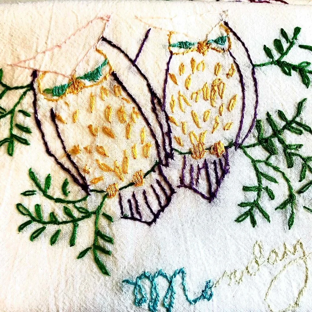 Set 7 Vintage 1970s Collectible Embroidered Tea Towels Owls Days Of The Week